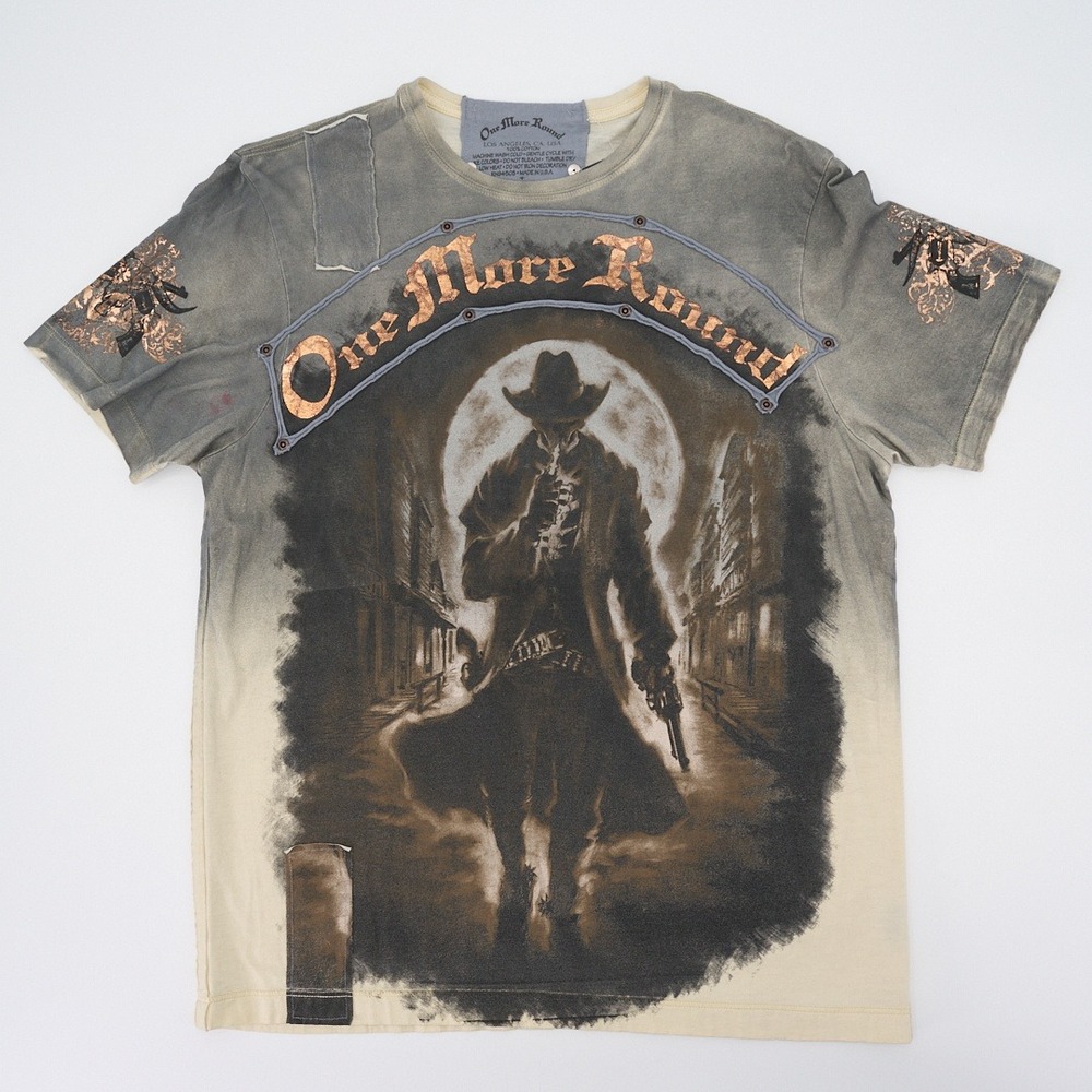 One More Round Charcoal & Cream Graphic Tee Skeleton Cowboy Metallic Appliqué